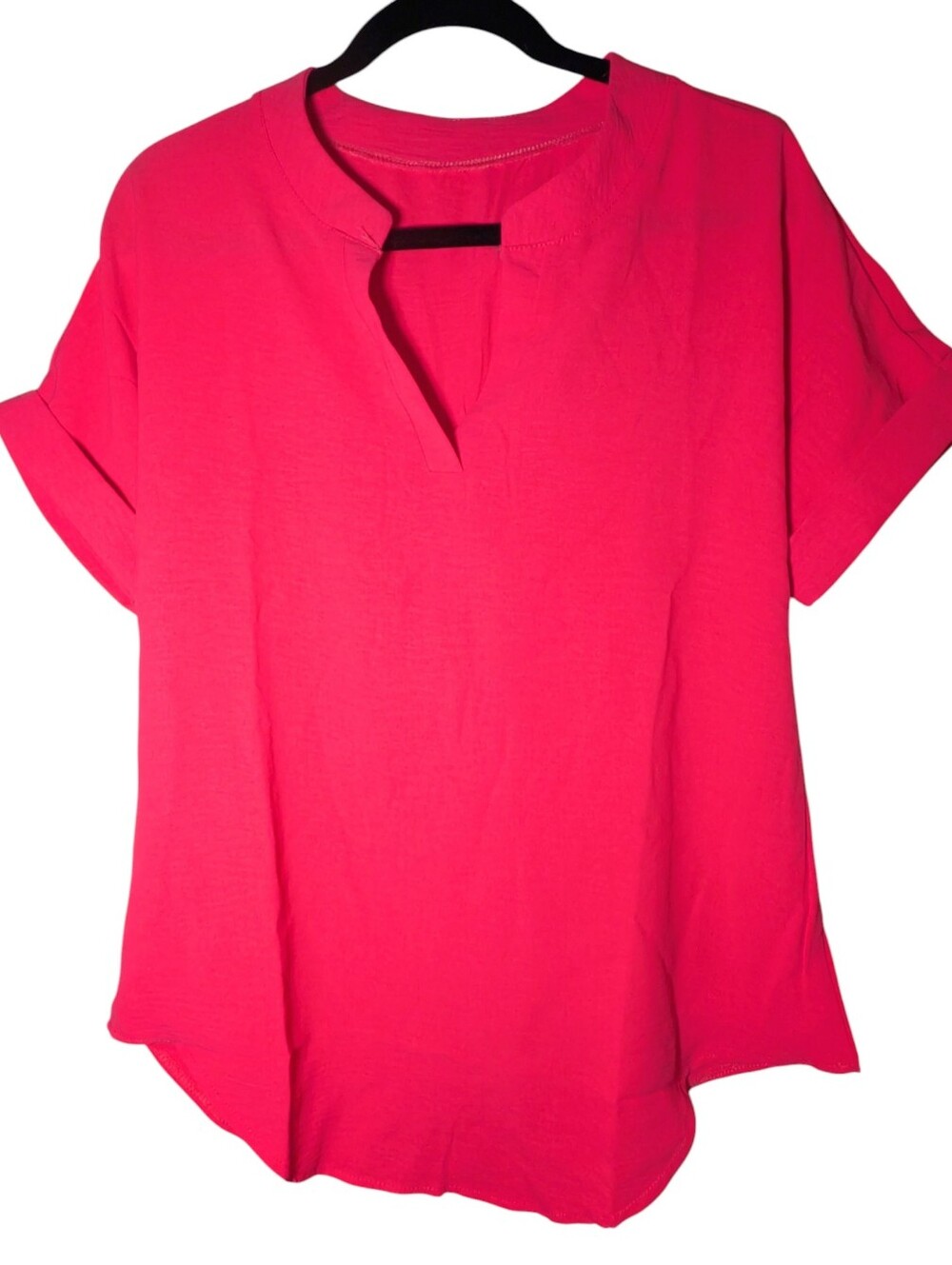 NWOT Hot Pink Split V-Neck Blouse Cuffed Sleeve Tunic Top Size 1X Runs Small L X